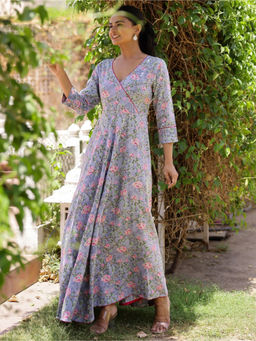 Mokshi - Womens Grey Floral Printed Rayon Ethnic Dress
