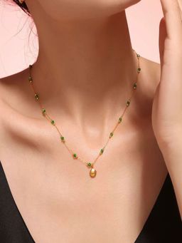 AQUASTREET - 18K Gold Plated Anti-Tarnish Shell and Green Crystal Pendant Necklace
