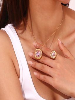 AQUASTREET - 18K Gold Plated Waterproof Anti-Tarnish Pink Zircon Pendant Necklace