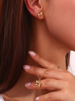 AQUASTREET - Bow Pendant and Earrings Set 18K Gold Plated Waterproof Anti-Tarnish