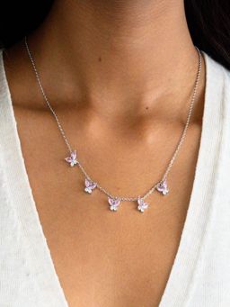 AQUASTREET - 18K Silver Plated Waterproof, Anti-Tarnish Pink Zircon Butterfly Choker Necklace