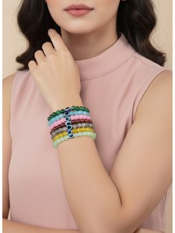 NVR - Crystals Multi-Color Beaded Evil Eye Elasticated Bracelet (Pack Of 7)