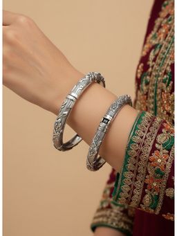 NVR - Silver-Toned German Silver Floral Oxidised Kada Bangle (Pack of 2)