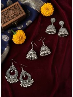 NVR - Silver Toned German Silver Oxidised Dome Shaped Jhumka Earrings (Pack Of 3)