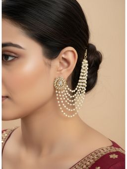 NVR - Pearl Studded Classic Gold Plated 5 Line Ear Chain Ear Cuff