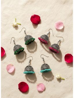 NVR - Oxidized Silver Plated Artificial Beads Jhumka Earrings (Pack Of 3)