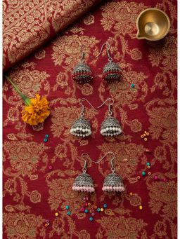 NVR - Oxidized Silver Plated Multicolour Artificial Beads Jhumka Earrings (Pack Of 3)