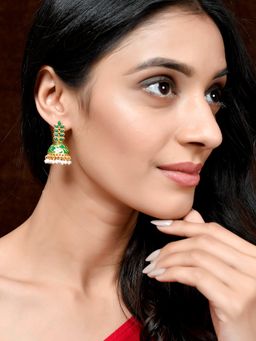 Silvermerc Designs - Women Gold Plated Green Floral Meenakari Designer Jhumkas