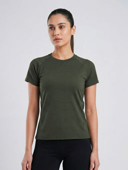 Fitkin - Women's Military Green Self-Stripe Round Neck Training T-Shirt