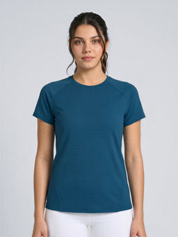 Fitkin - Women's Blue Self-Stripe Round Neck Training T-Shirt