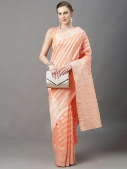 Akhilam - Womens Cotton Silk Peach Woven Design Saree with Unstitched Blouse