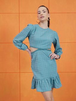 STREET 9 - Blue Solid Plain Flared Dress