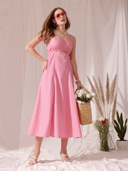 STREET 9 - Pink Solid Plain Flared Dress
