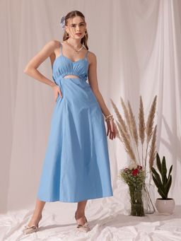 STREET 9 - Blue Solid Plain Flared Dress