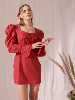 STREET 9 - Red Solid Plain A-Line Dress