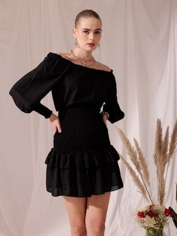 STREET 9 - Black Solid Plain Flared Dress