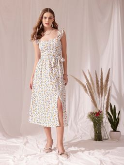 STREET 9 - White Solid Plain Flared Dress