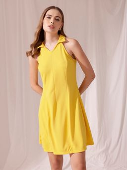 STREET 9 - Yellow Solid Plain A-Line Dress