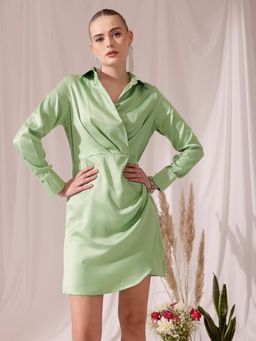 STREET 9 - Green Solid Plain A-Line Dress
