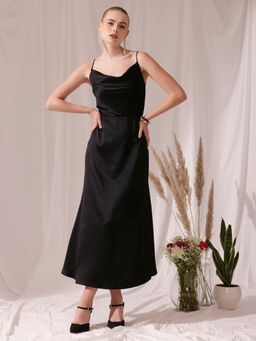STREET 9 - Black Solid Plain Flared Dress