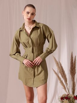 STREET 9 - Olive Solid Plain A-Line Dress