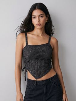 Outzidr - Charcoal Embellished Sequined Crop Top