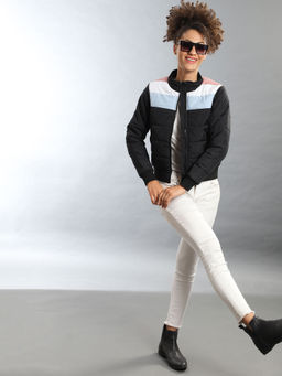 Campus Sutra - Black Women Colorblocked Stylish Casual Bomber Jacket