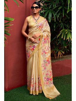 Mysilklove - Tussock Yellow Digital Printed Banarasi Saree and Unstitched Blouse