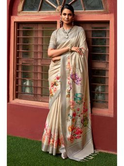 Mysilklove - Akaroa Cream Digital Printed Banarasi Saree and Unstitched Blouse