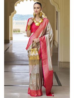 Mysilklove - Silver Rust Grey Woven Kanjivaram Saree and Unstitched Blouse