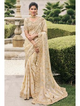 Mysilklove - Cameo Cream Banarasi Designer Embroidered Saree and Unstitched Blouse