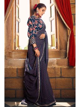 Mysilklove - Navy Blue Georgette Digital Printed Saree and Unstitched Blouse