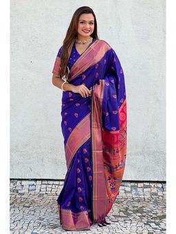 Mysilklove - Minsk Blue Zari Woven Nath Paithani Saree and Unstitched Blouse