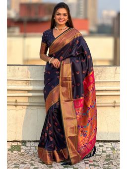 Mysilklove - Vulcan Navy Blue Zari Woven Nath Paithani Saree and Unstitched Blouse