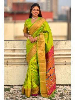 Mysilklove - Parrot Green Zari Woven Nath Paithani Saree and Unstitched Blouse