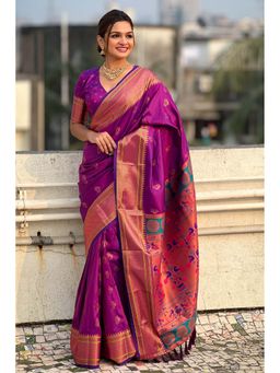 Mysilklove - Berry Purple Zari Woven Nath Paithani Saree and Unstitched Blouse
