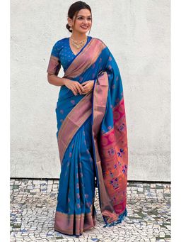 Mysilklove - Congress Blue Zari Woven Nath Paithani Saree and Unstitched Blouse