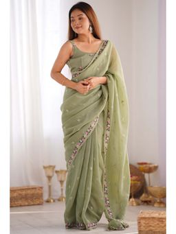 Mysilklove - Pista Green Designer Partywear Saree and Unstitched Blouse