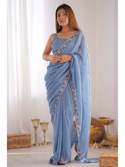 Mysilklove - Cobalt Blue Designer Partywear Saree and Unstitched Blouse