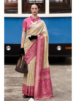 Mysilklove - Hampton Cream Woven Banarasi Soft Silk Saree and Unstitched Blouse