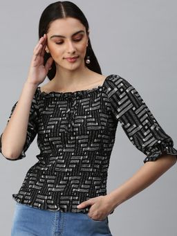 SHOWOFF - Women Square Neck Three Fourth Sleeves Geometric Black Top