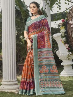 Odette - Womens Soft Silk Orange Printed Saree with Unstitched Blouse