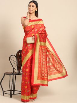 Akhilam - Womens Art Silk Red Printed Design Designer Saree with Unstitched Blouse