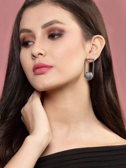 PANASH - Oxidized Silver Toned Contemporary Drop Earrings