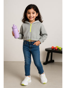 Tales & Stories - Girls Grey Cotton Poly Printed Oversized Sweatshirt