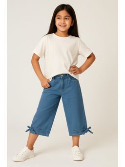 Tales & Stories - Girls Blue Washed Cotton Poly Wide Leg Capri