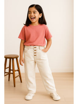 Tales & Stories - Girls White Cotton Loose Fit Casual Jeans