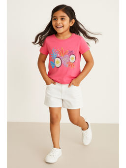 Tales & Stories - Girls Pink Printed Cotton Half Sleeve T-shirt