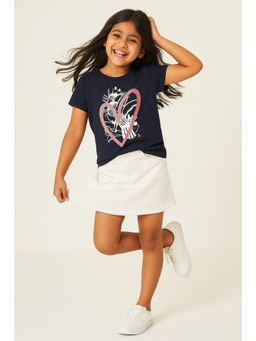 Tales & Stories - Girls Navy Blue Printed Lycra Half Sleeve T-shirt
