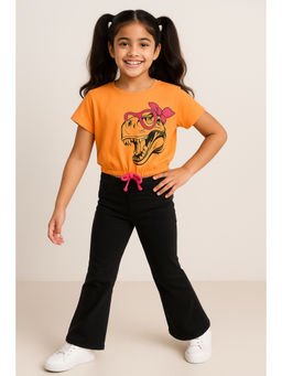 Tales & Stories - Girls Orange Printed Lycra Half Sleeve T-shirt